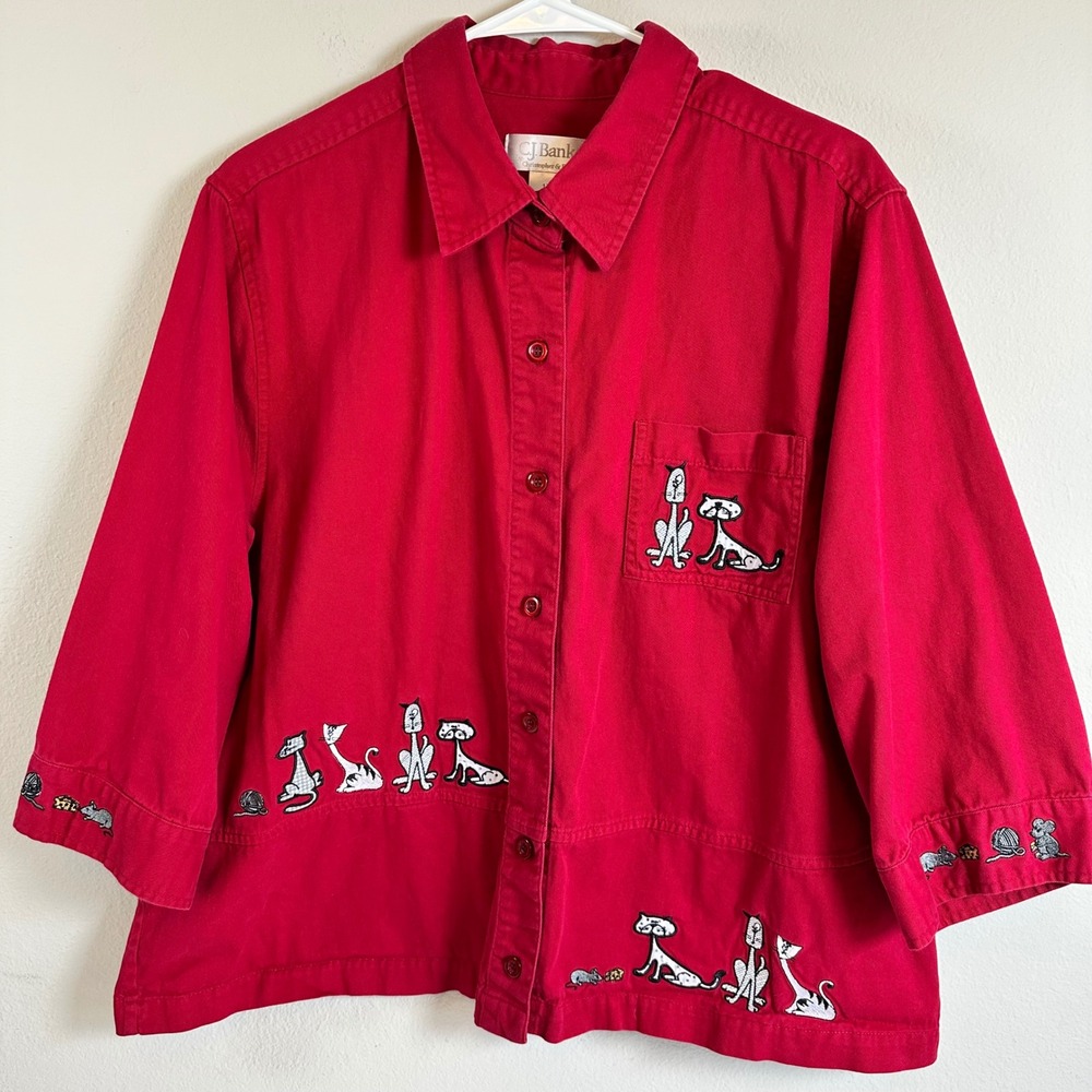 CJ Banks Cat & Mouse Embroidered Button‎ Up Red Shirt Plus 1X Shacket Whimisical